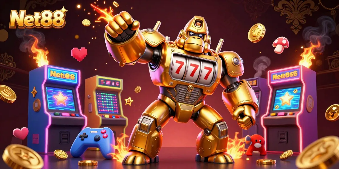 Experience the excitement of Net88 with a dynamic golden gorilla mech amid vibrant casino elements.