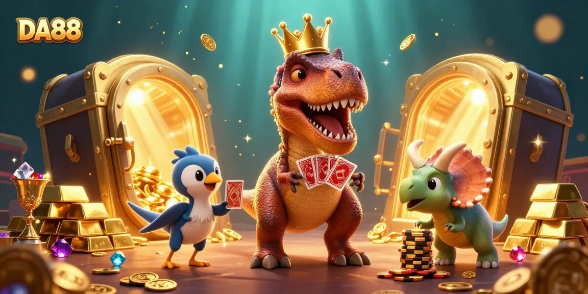 Engage with DA88's vibrant casino scene featuring a dinosaur dealer shuffling cards.