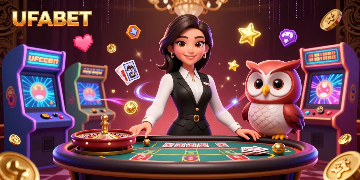 Experience excitement at UFABET with a warm Asian dealer and a charming owl assistant at a baccarat table.