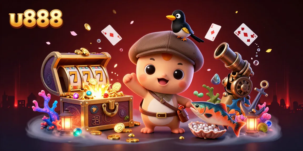 Win big at u888 with this vibrant casino scene featuring playful characters and dynamic game elements.