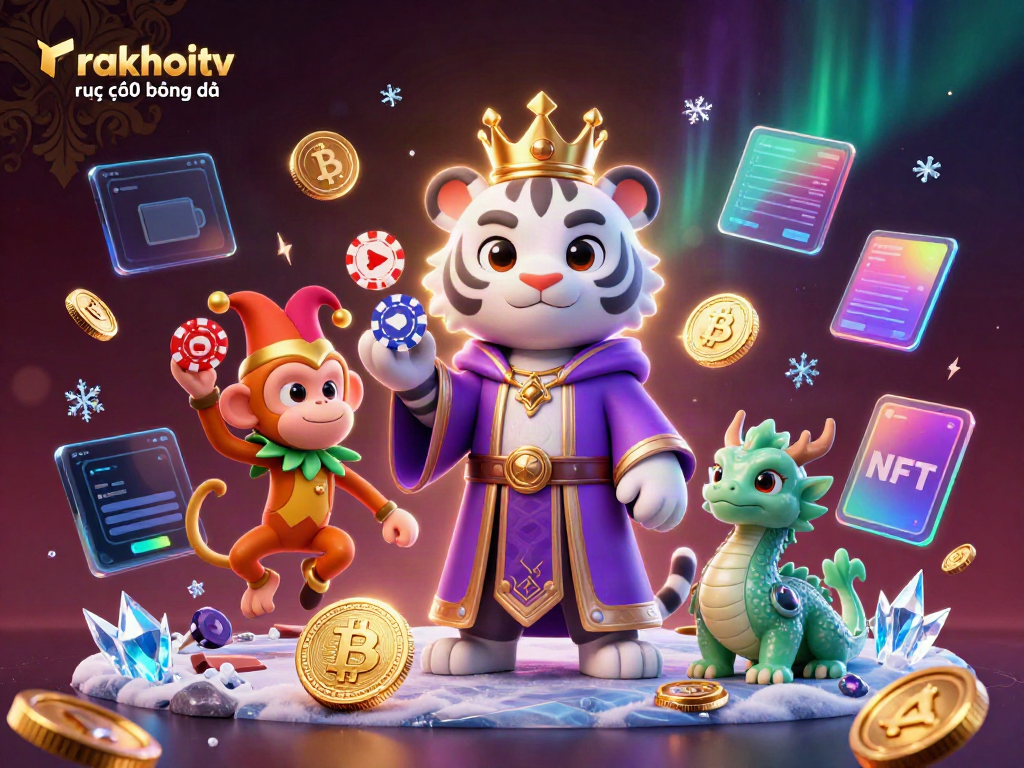 Experience the thrill of rakhoitv trực tiếp bóng đá with a dynamic 3D illustration featuring a royal tiger and playful monkey.