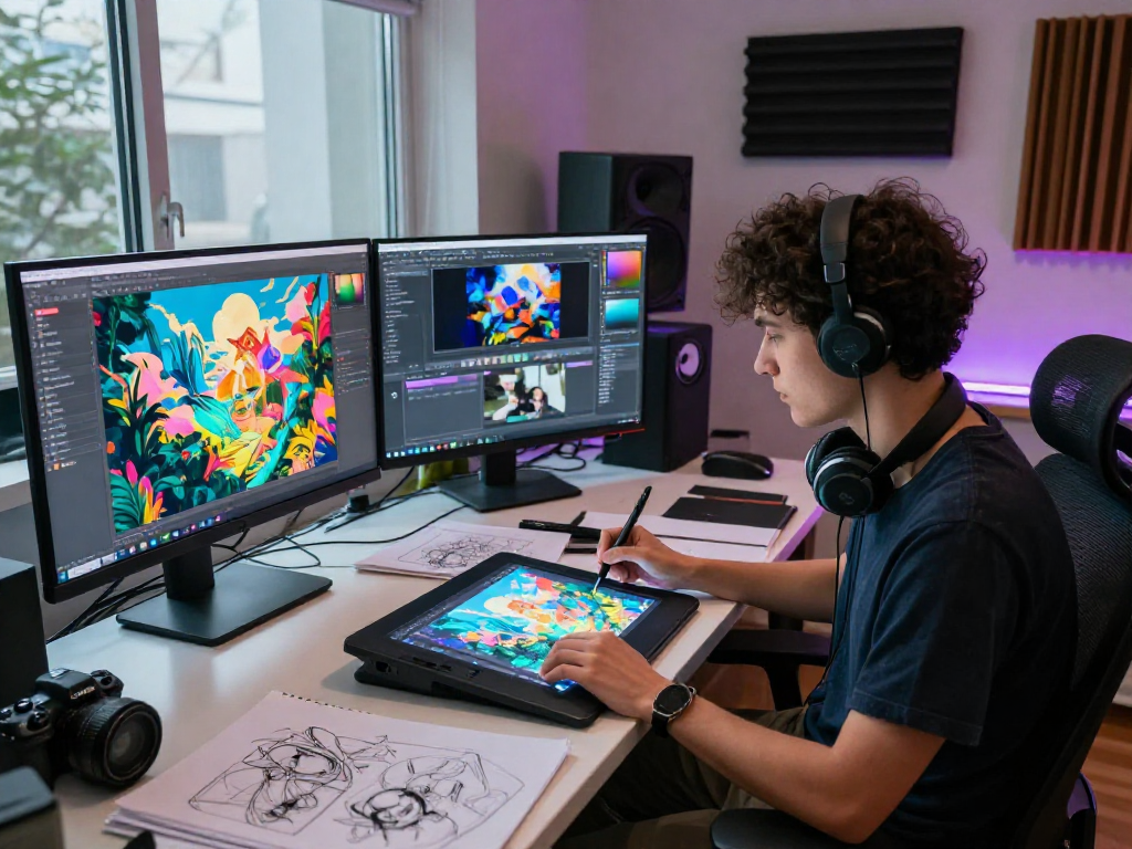 Digital artist focused on NSFW AI illustration in modern studio.