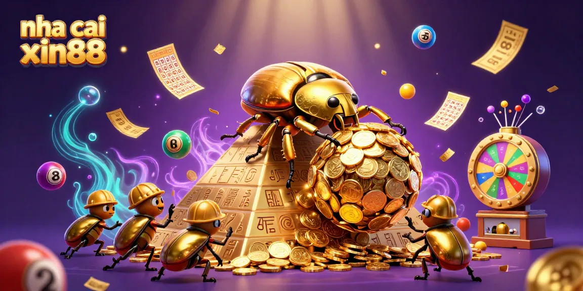 Engage with excitement at nha cai xin88 by watching a golden beetle roll coins while enjoying vibrant casino elements.