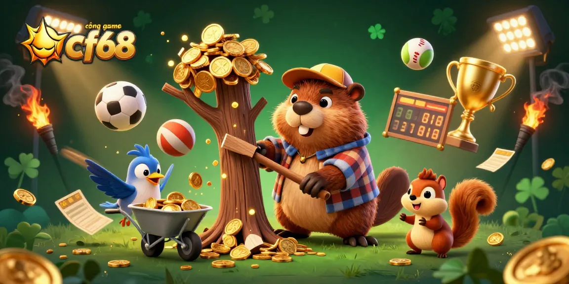 Exciting gameplay at cổng game cf68 with a lumberjack beaver, sports elements, and gold coins raining down.