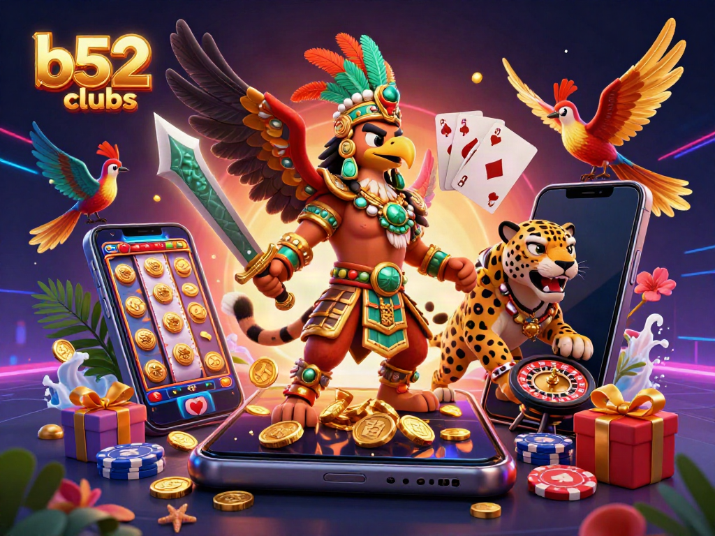 Experience thrilling games with b52clubs featuring Aztec warriors, slot games, and vibrant visuals.