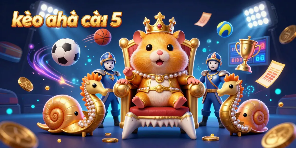 Betting on kèo nhà cái 5 with vibrant 3D hamster king and dynamic sports elements in an energetic casino scene.