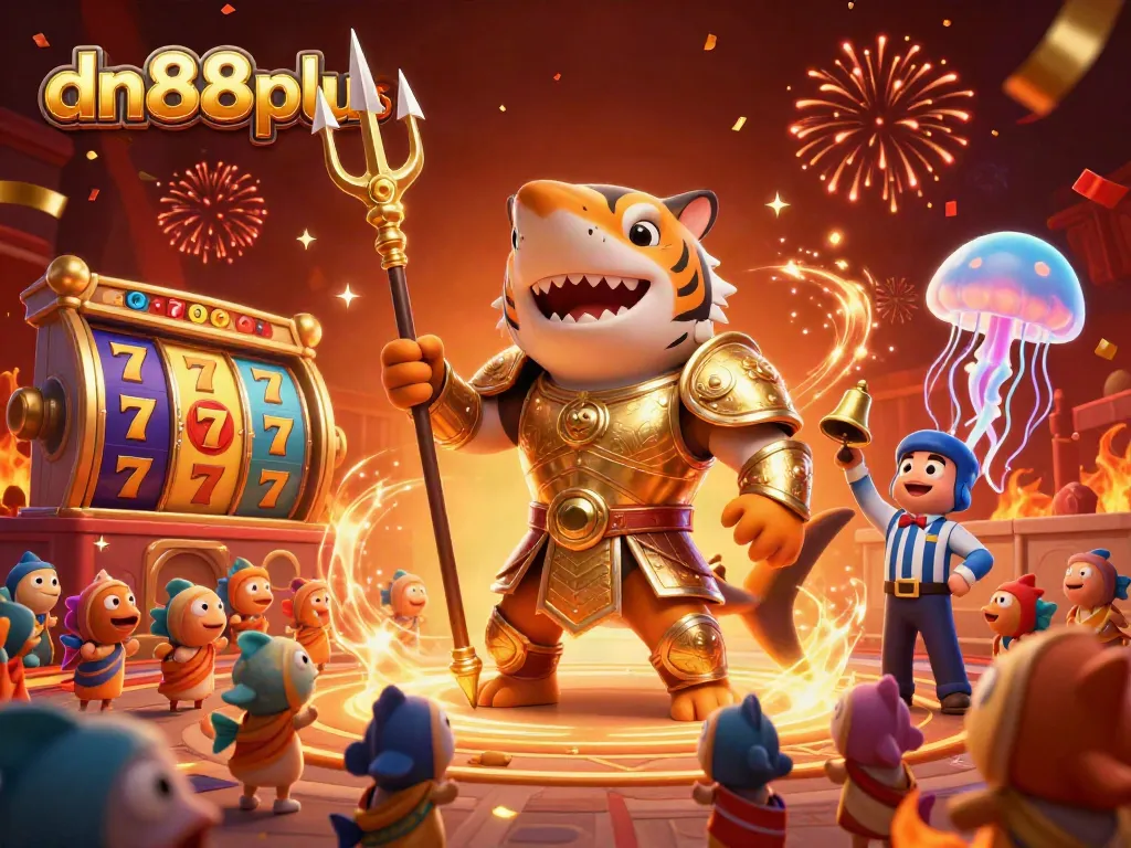 Experience thrilling action at dn88plus with a vibrant casino scene featuring slot reels, a shark warrior, and festive decor.