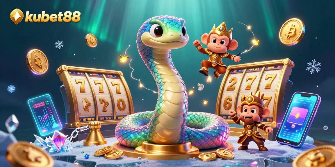 Experience thrilling slots with kubet88’s vibrant 3D illustration featuring a dynamic casino scene.