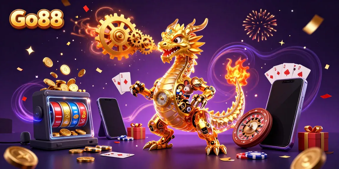 Experience the excitement at Go88 with a golden dragon amidst vibrant casino elements, embodying action and rewards.