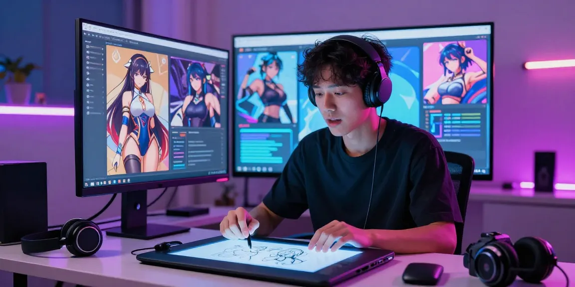 Engaging in hentai ai chat with a futuristic chatbot in a vibrant digital workspace.