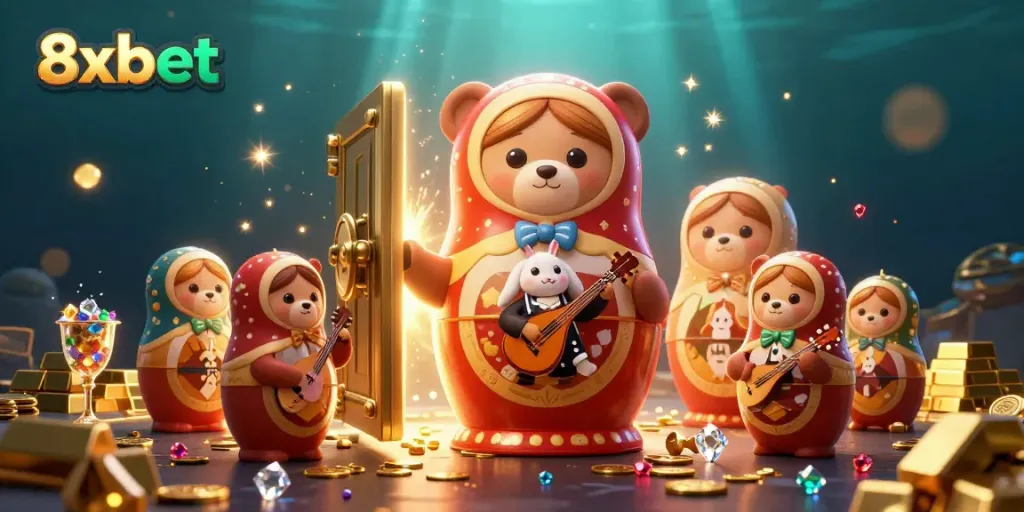 Experience the thrill of 8xbet with a vibrant 3D casino scene featuring playful characters amidst treasures.