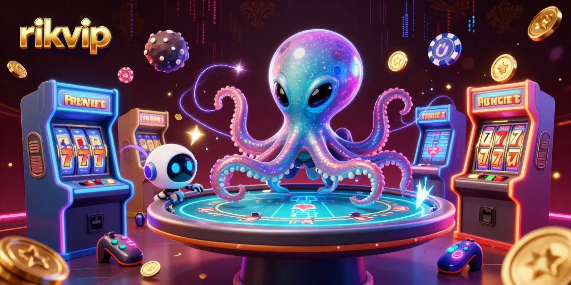 Play exciting games on rikvip with a 3D alien octopus in a shimmering suit at a vibrant poker table.
