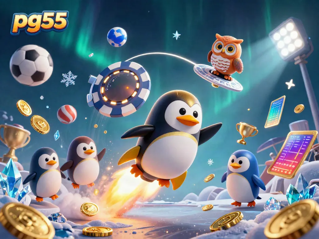 Experience the excitement of pg55 with a vibrant 3D casino scene featuring a golden penguin and dynamic game elements.