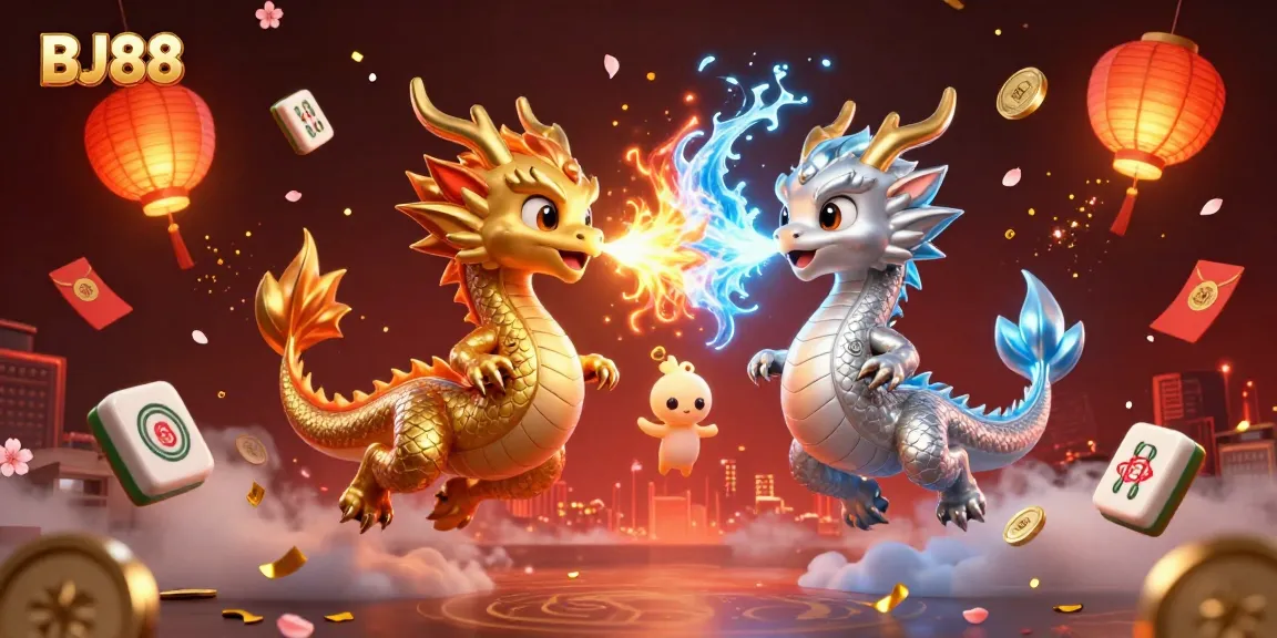 Engage with BJ88's vibrant spirit as twin dragons symbolize the thrill of winning in online gaming.