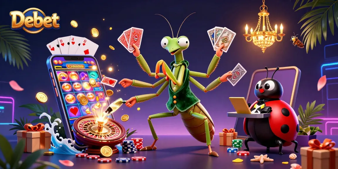 Engage in thrilling casino gameplay with Debet, featuring a vibrant scene with a praying mantis card sharp.