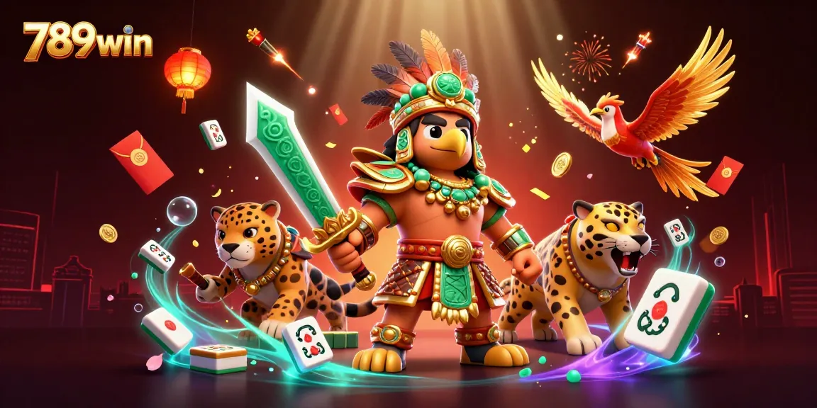 Immerse in 789win's vibrant casino scene with Aztec warriors and game elements.