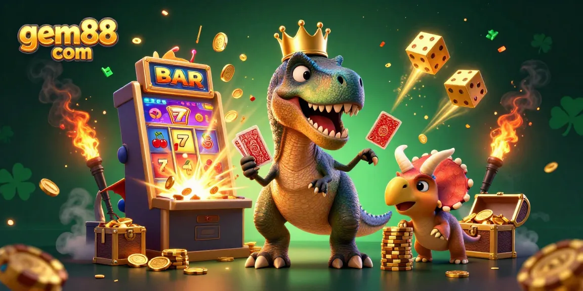 Experience excitement at gem88 com with a 3D casino scene featuring a T-Rex dealing cards and a slot machine jackpot.
