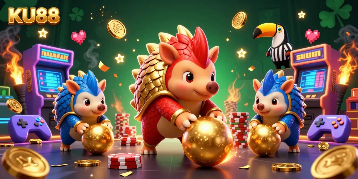Experience the thrill of KU88 casino with vibrant pangolins bowling through poker chips.