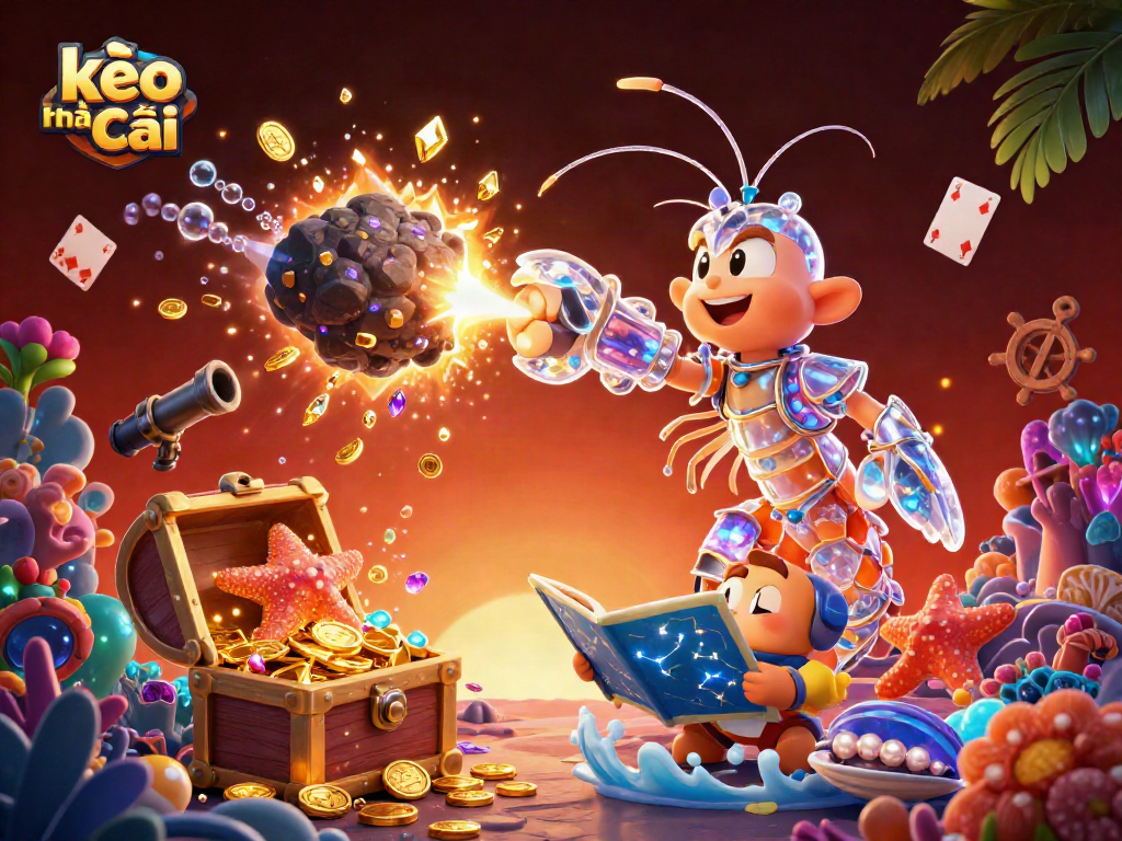 Engage with kèo nhà cái through a dynamic 3D scene of a galactic samurai shrimp and treasure elements.