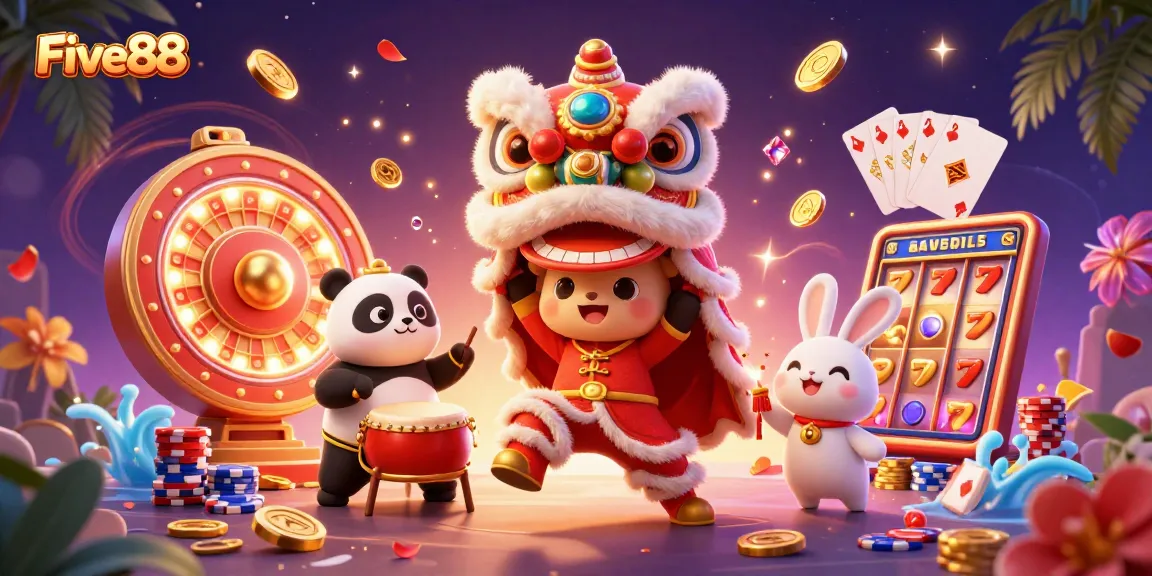 Experience the excitement of Five88 with a vibrant poker and casino-themed illustration
