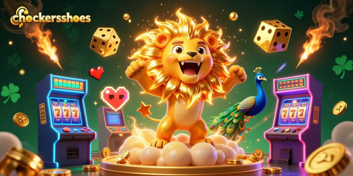 Experience the thrill of gaming at chockersshoes with lively casino elements and a roaring sun lion.