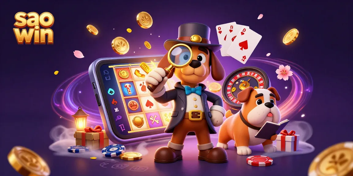 A 3D scene with a detective examining a golden poker chip, highlighting sao win casino excitement and rewards.