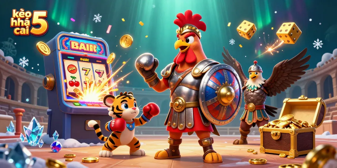 Experience thrilling bets with kèo nhà cái 5 in an ultra-detailed 3D casino scene featuring a gladiator rooster, tiger cub, and game symbols.