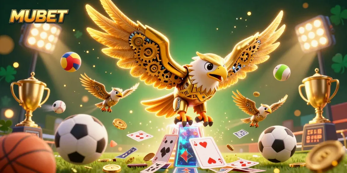 MUBET showcases a vibrant 3D illustration that captivates with its dynamic casino scene and animated golden eagle.