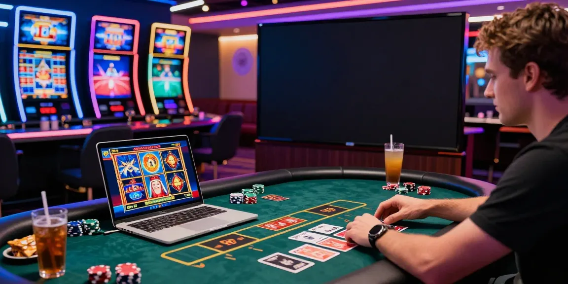 Exciting scene of a player at non GamStop casinos with vibrant lighting and engaging games.