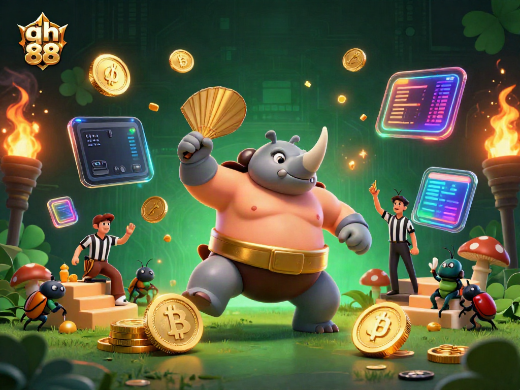 Engage with qh 88 as a beetle sumo champion dominates the casino floor, spilling golden coins.