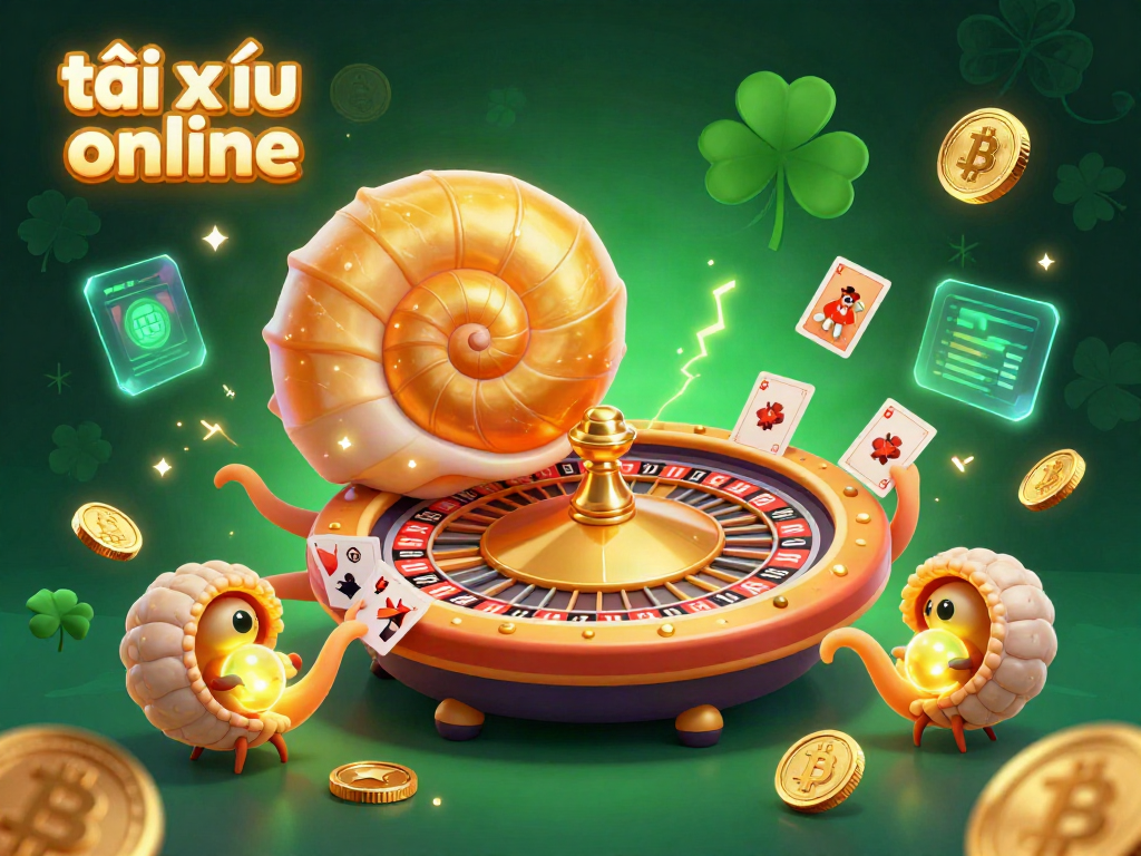 Engaging scene showcasing tài xỉu online with a giant nautilus and vibrant cryptocurrency elements.