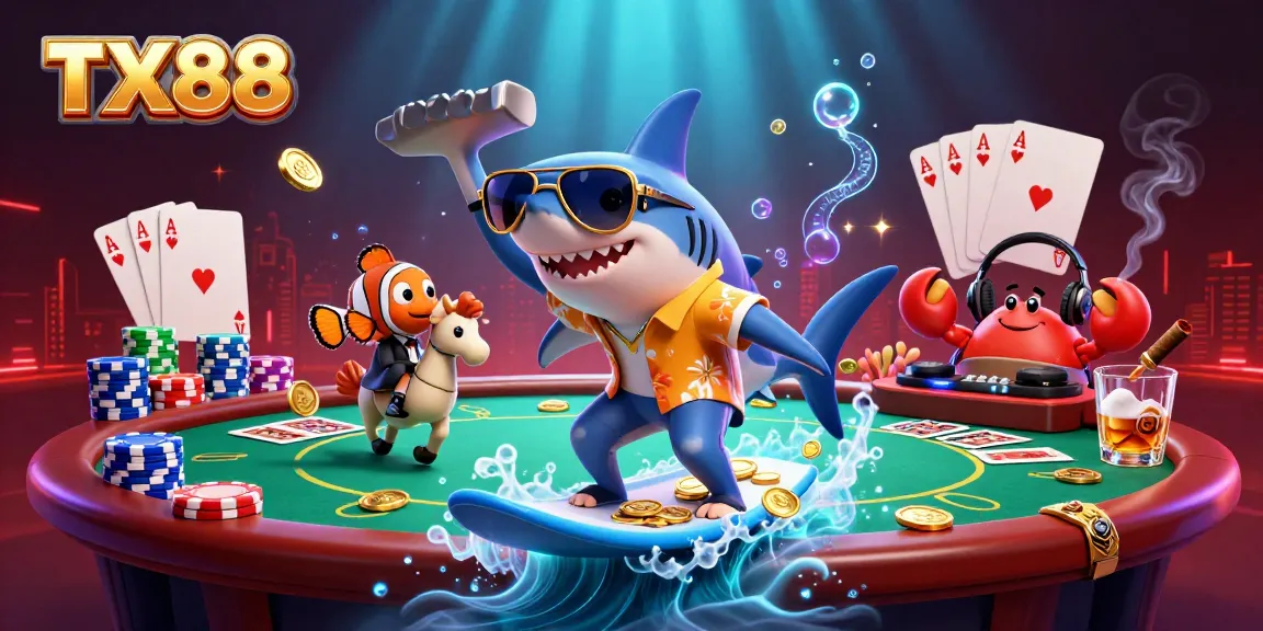 Surfing on a wave of gold coins, the TX88 hammer-head shark showcases poker elements in a vibrant casino scene.