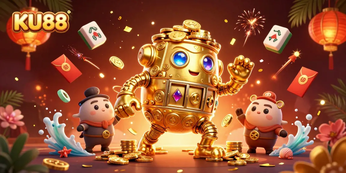 Spin the reels at KU88 with a golden golem and magical casino elements surrounding it!