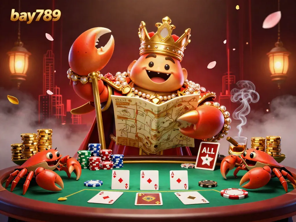 Join the excitement at bay789 with a golden crab emperor amidst vibrant poker elements.