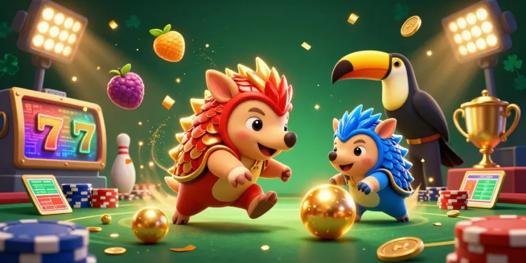 Slot gacor dalam aksi seru, pangolin bersaing menggulirkan bola emas diantara chip poker dan simbol slot.