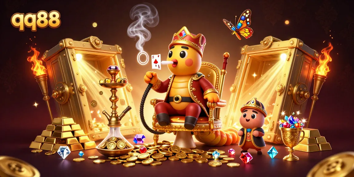 Engage in thrilling gaming with qq88, featuring a vibrant casino scene filled with golden treasures and excitement.