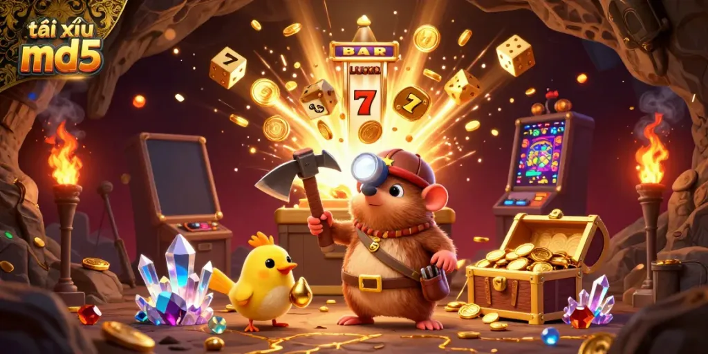 Join the excitement with tài xỉu md5 as golden treasures and casino games come alive in a dynamic illustration.