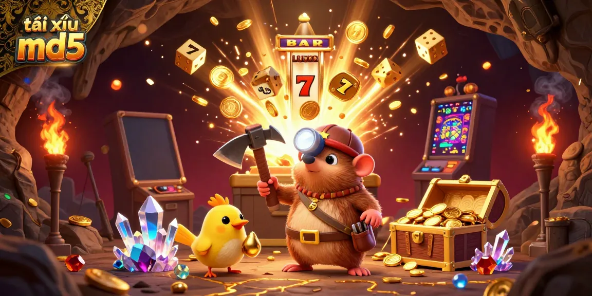 Join the excitement with tài xỉu md5 as golden treasures and casino games come alive in a dynamic illustration.