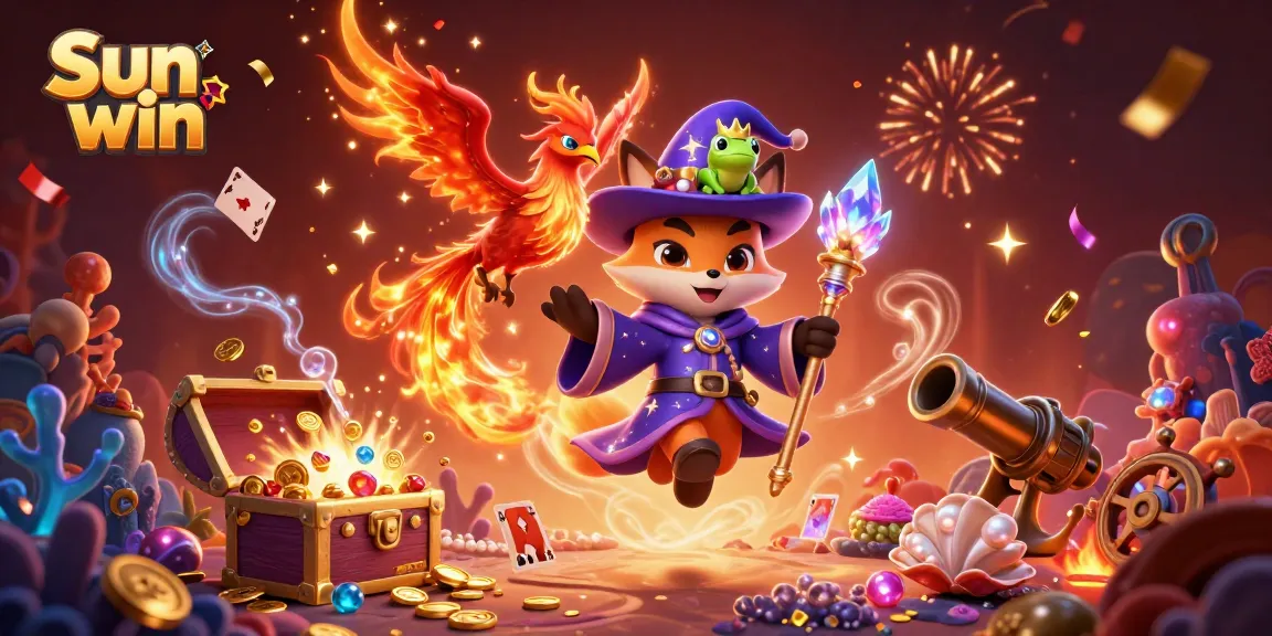 Experience the thrill of Sun win with a magical casino scene featuring characters celebrating amongst treasure and gaming elements.