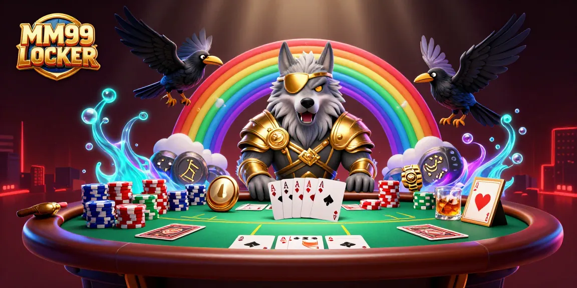 Engage with MM99 LOCKER's vibrant 3D illustration showcasing game elements and Norse-inspired characters.
