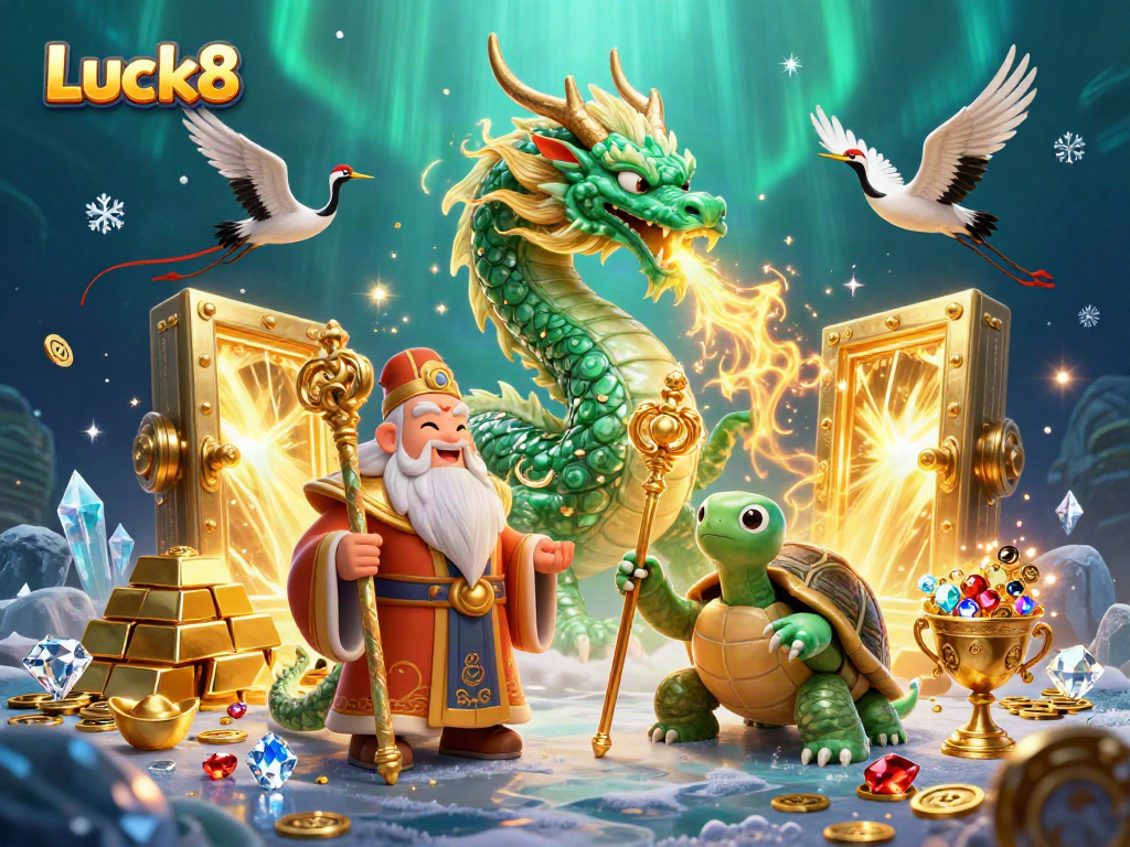 Win big at Luck8 while surrounded by treasures and mythical creatures in this vibrant casino illustration.