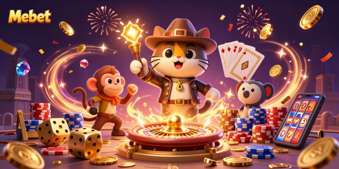 Mebet unleashes excitement as a cat archaeologist finds a golden artifact in a vibrant casino scene.
