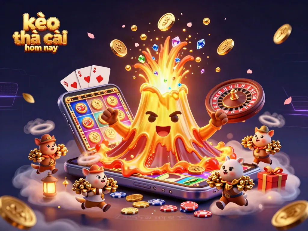 Betting on kèo nhà cái hôm nay showcases a vibrant 3D scene with treasures and casino elements