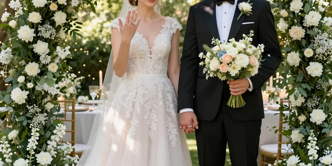 Luxury wedding rings featured on a couple's hands in a romantic garden setting.