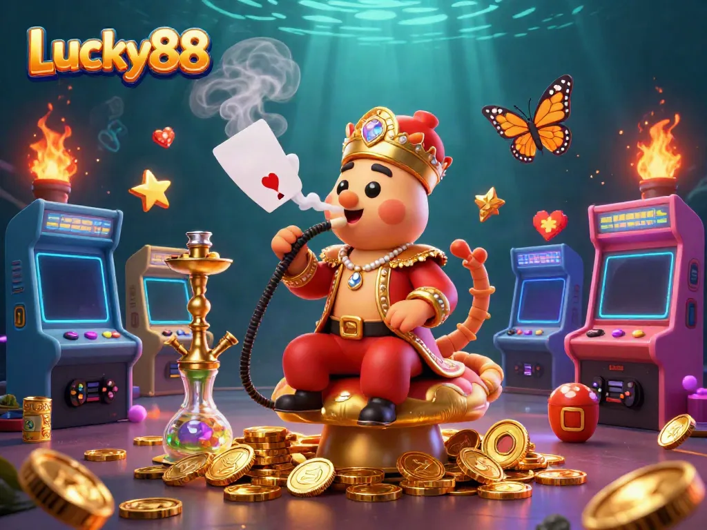 Experience the vibrant world of Lucky88 with alluring casino elements and a whimsical caterpillar master.