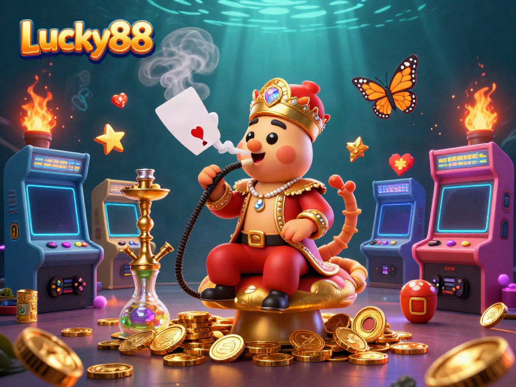 Experience the vibrant world of Lucky88 with alluring casino elements and a whimsical caterpillar master.