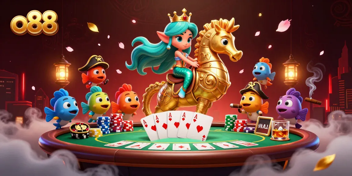 Experience thrilling poker with o88 in this vibrant, playful 3D casino scene.