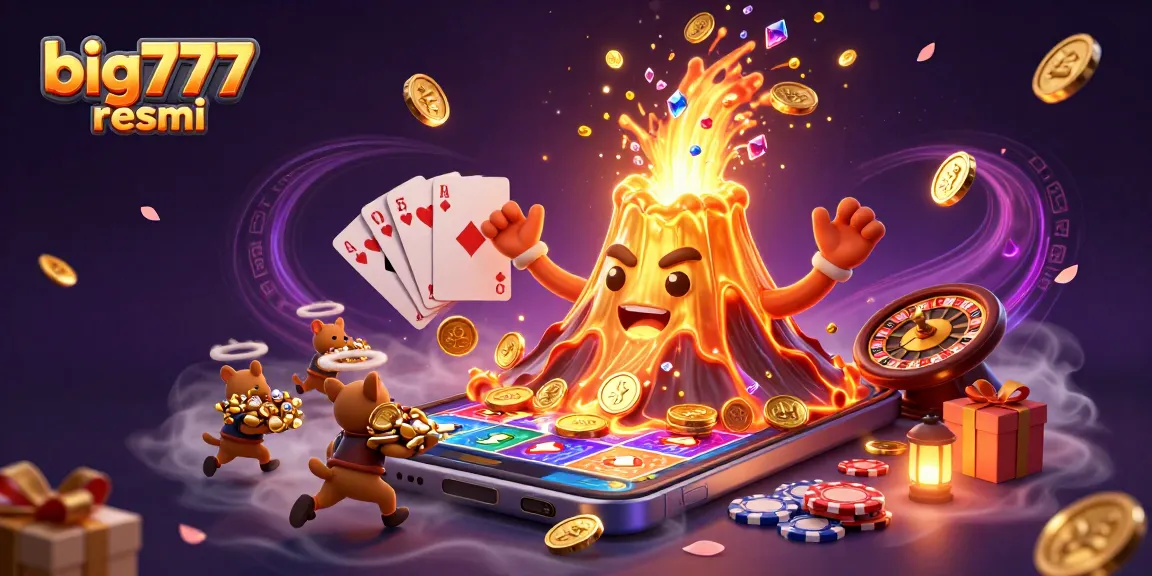 Experience big777 resmi jackpots erupting from a golden volcano amidst vibrant slot games and treasure.