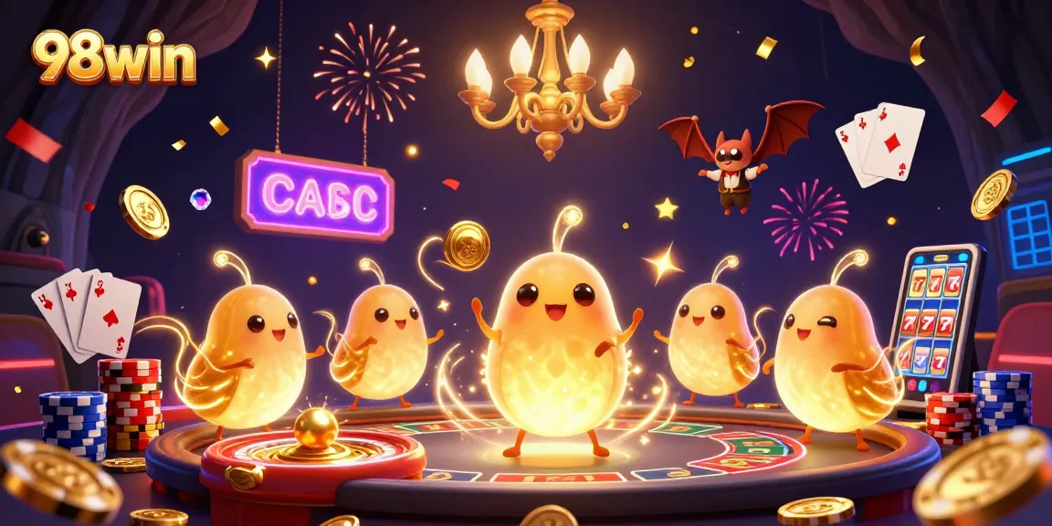 Experience thrilling gaming with 98win as glowworms light up a vibrant cave casino scene.