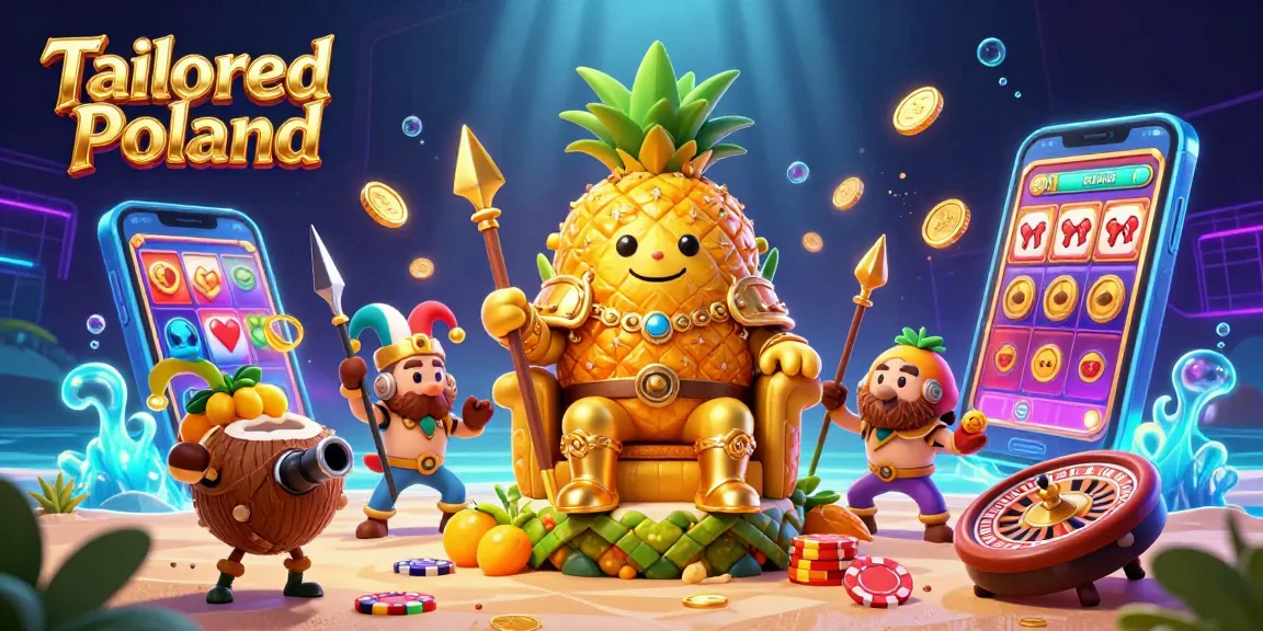 Experience a vibrant casino scene with Tailored Poland's winning strategies for gamers, showcasing a pineapple king and colorful slot games.
